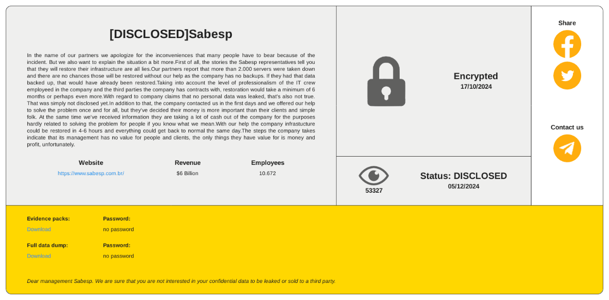 Imagem 28. Postagem do RansomHouse exigindo pagamento por dados roubados da Sabesp