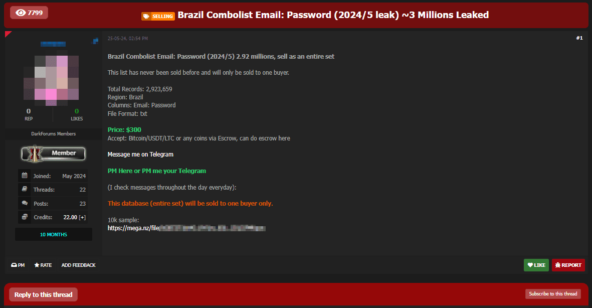 Imagem 8. Anúncio oferecendo uma combolist com e-mails e senhas de cidadãos brasileiros