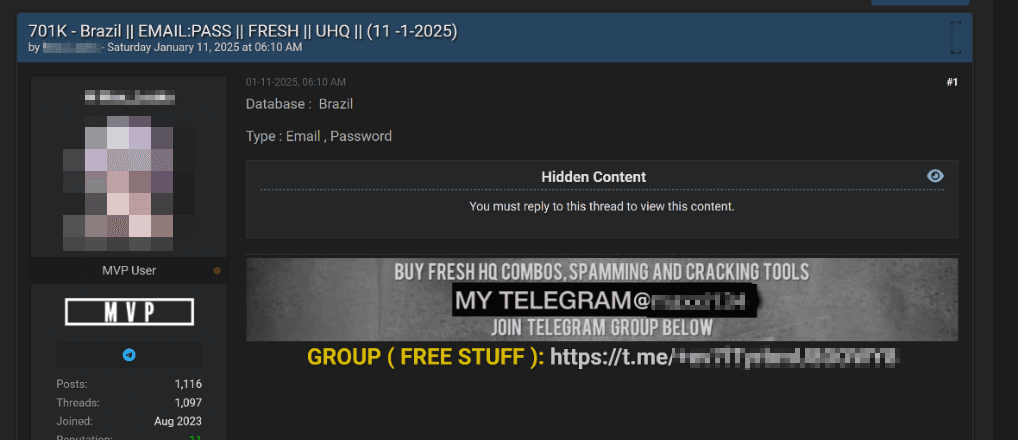 Imagem 9. Anúncio de venda de uma combolist de e-mails e senhas
